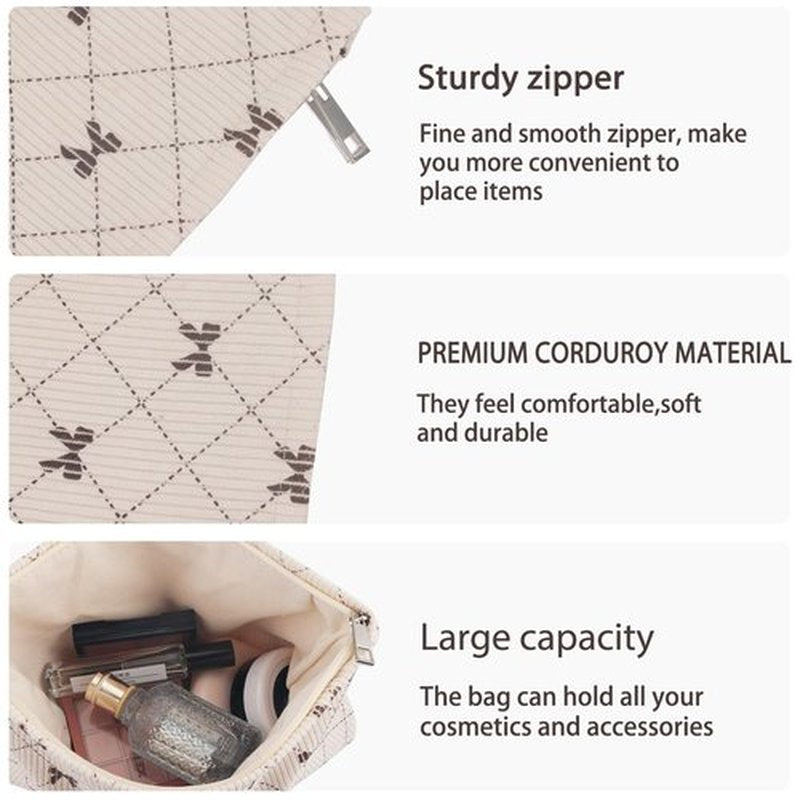 ZLFSRQ Corduroy Makeup Bag for Women Preppy Large Capacity Cosmetic Bag Travel Toiletry Organizer Pouch for Purse Zipper Makeup Brushes Storage Tote Bag Cute Y2K Aesthetic Essentials Bag（Khaki Bow）