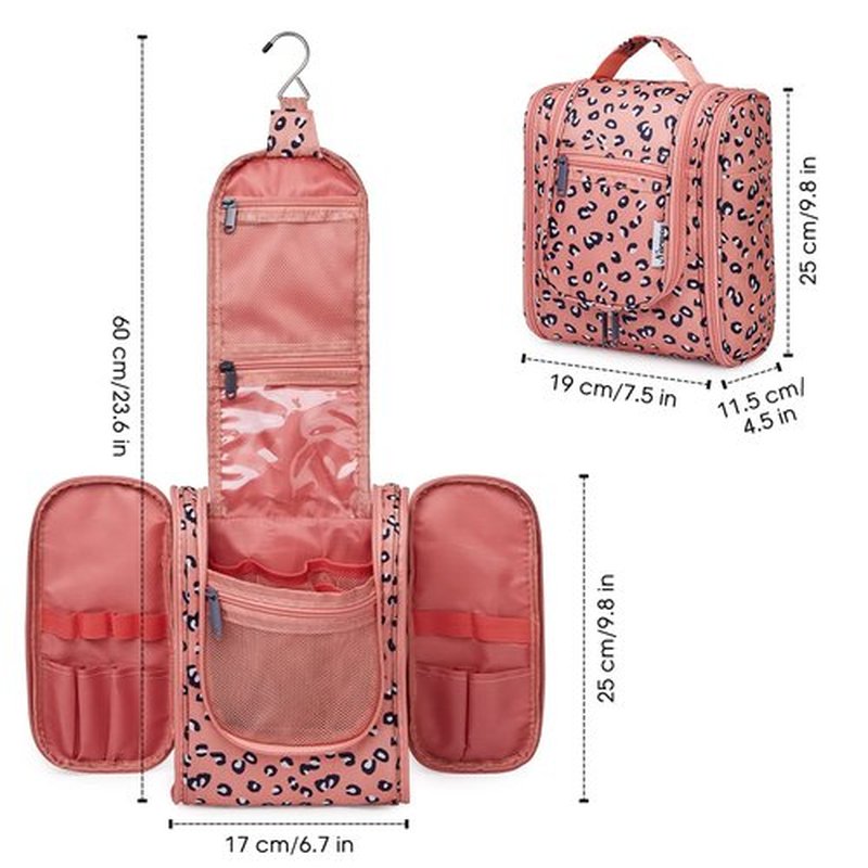 Narwey Small Hanging Toiletry Bag Women Travel Makeup Bag Organizer Toiletries Bag for Travel Size Essentials Accessories Cosmetics (Medium, Orange Leopard)