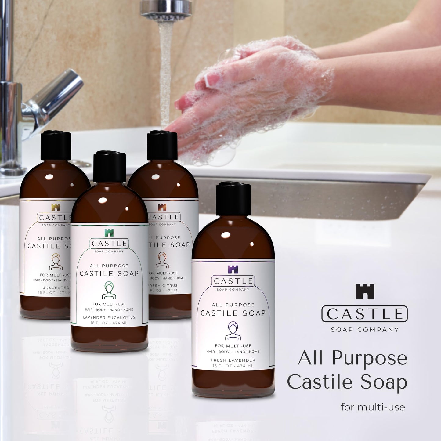 Castle Soap All-Purpose Castile Soap | Multi-Use Gentle Cleanser for Hair, Body, Hands, & Home | Nourishing Coconut Oil Formula | Sensitive Skin Friendly | Hydrating Lather | 16 oz | Fresh Citrus