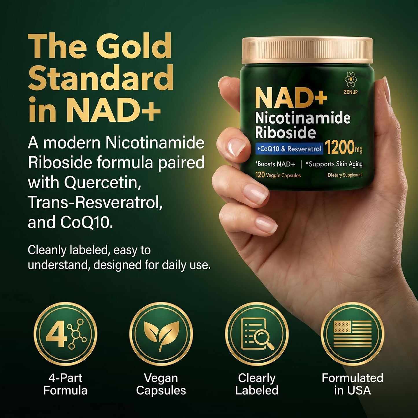 ZenUP NAD Supplement Nicotinamide Riboside Malate with CoQ10, Trans-Resveratrol & Quercetin, 1200mg Per Serving, Daily Supplement Formula, 120 Veggie Capsules, 60 Servings