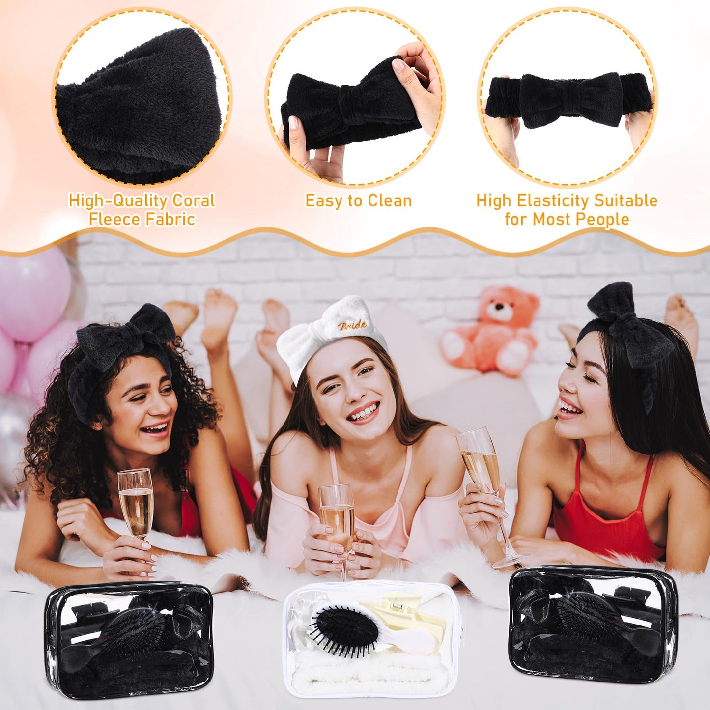 Wavyknot 40 Pcs Bachelorette Party Favor Set Include Headband Scrunchies Hair Claw Clips Hairbrush and Makeup Bag for Bridal Shower Party Gifts Bridesmaid Wedding Supplies(White and Black)