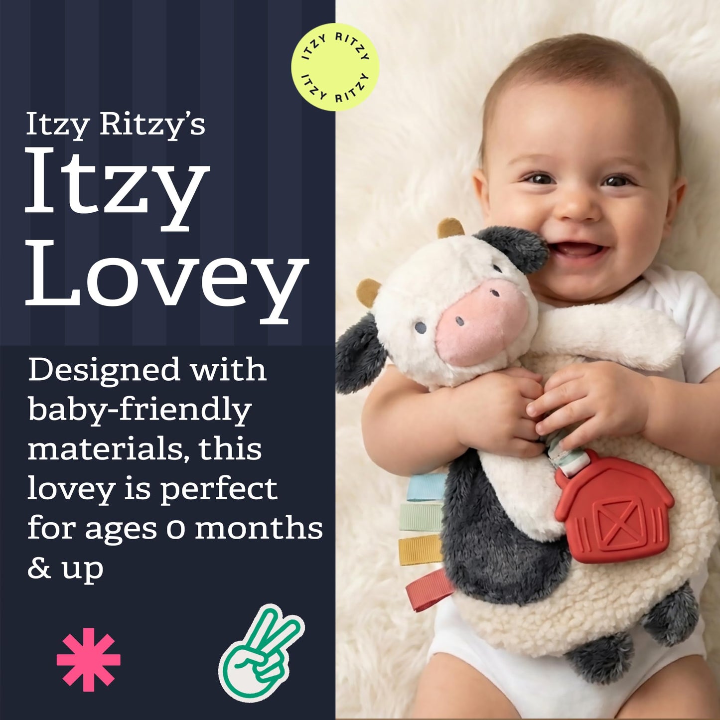 Itzy Ritzy - Itzy Lovey Including Teether - Baby Lovey with Teether, Textured Ribbons & Dangle Arms - Features Crinkle Sound, Sherpa Fabric and Minky Plush (Cow)