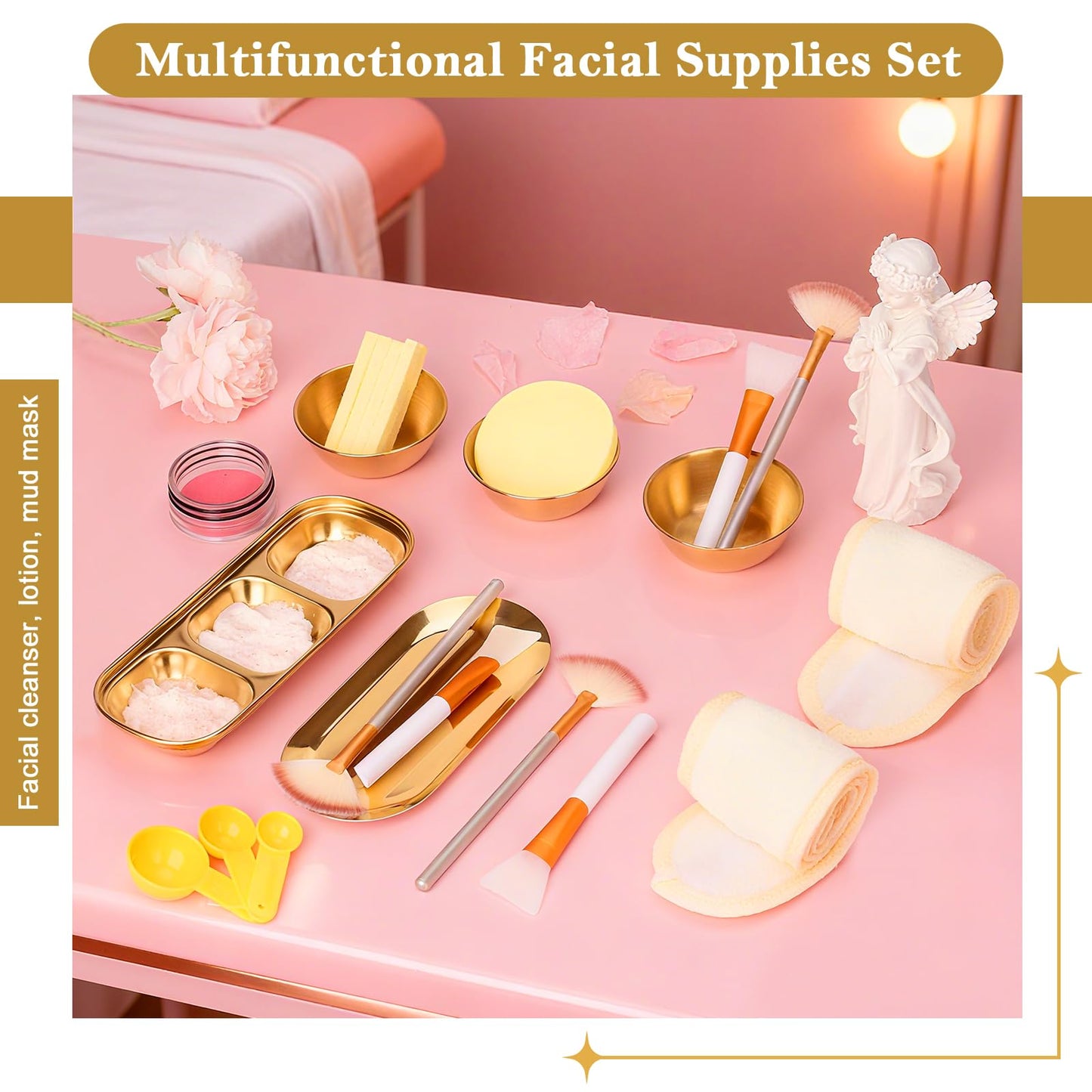 28 Gold Facial Supplies 3 Facial Mask Mixing Bowls 3 Facial Fan Brushes 3 Mask Applicator Brushes 3 Mask Measuring Spoons Skincare Tray 3-Compartment Serving Tray 12 Facial Sponges 2 Spa Headbands