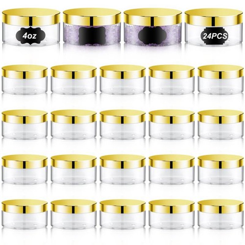 Dandat 24 Pcs Plastic Jars with Lid and Label PET Cosmetic Containers Leak Proof Empty Cosmetic Jars Refillable Storage Travel Jars for Lotion Cream Gel Powder Ointment(Clear with Gold Lid,4 oz)