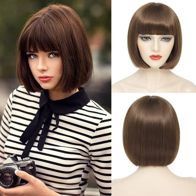 YBYMCAI Brown Bob Wig With Bangs Short Light Brown Bob Wigs For Women Straight Bob Bangs Wig 10 Inch Heat Resistant Synthetic Hair Natural Looking For Daily Party Use