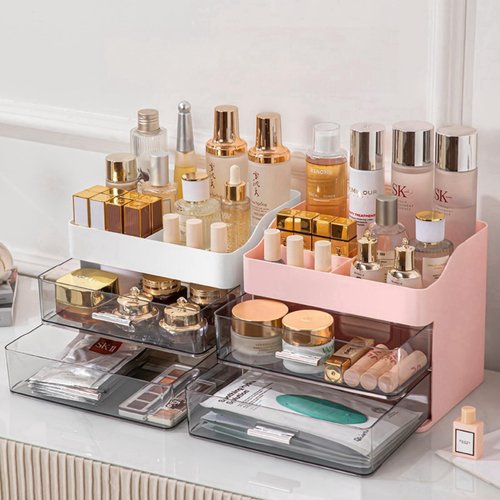 Makeup Organizer for Vanity,Vanity Organizer with 2 Drawers,Makeup&Skincare Organizers Countertop,Cosmetic Display Case,Vanity Storage Box(Pink)