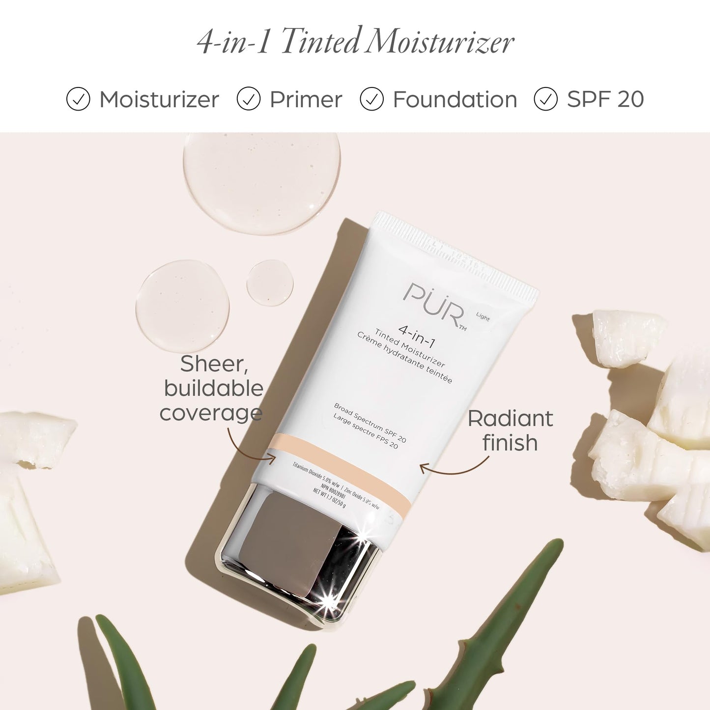 PÜR MINERALS 4-in-1 Tinted Moisturizer with SPF 20 - Hydrating Skin Tint Face Moisturizer, Primer & Foundation with Shea Butter, Aloe Vera & Vitamin B3 - Vegan Friendly, Paraben Free (Fair Ivory)