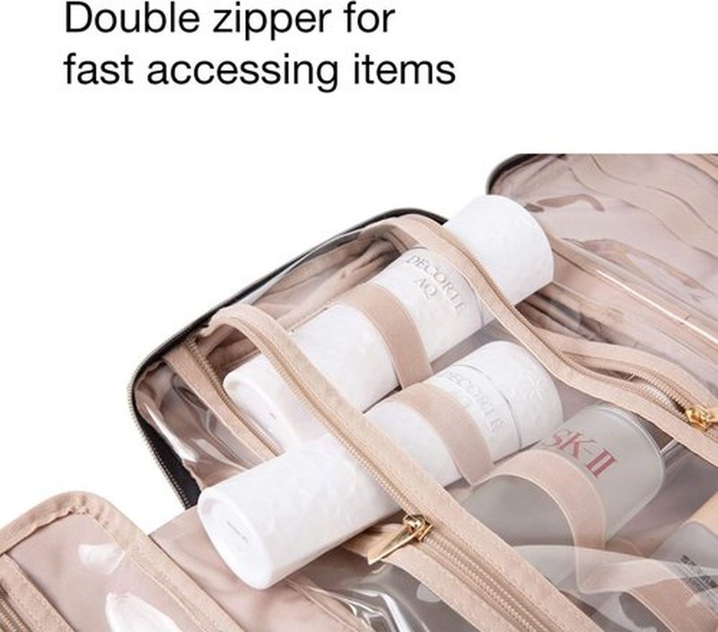 BAGSMART Toiletry Bag Travel Bag with Hanging Hook, Water-resistant Makeup Cosmetic Bag Travel Organizer for Accessories, Shampoo, Full-size Container, Toiletries (Camel, Medium)