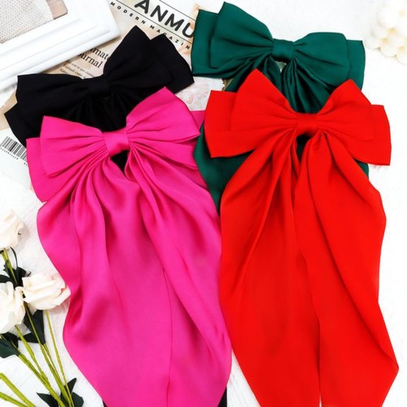 Atoden Hair Bows Silky Satin Bows for Hair Ribbons 4Pcs Coquette Oversized Long Tail Hair Bow Clips Barrettes Big Bowknot Hair Accessories for Women Girl Trendy Stuff Gifts (Red Green Hot Pink Black)