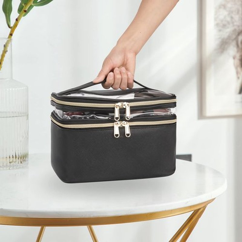 Makeup Bag, Double layer Cosmetic Cases Travel Makeup Organizer Toiletry Bags Large Make Up Bag For Women Girls with Adjustable Dividers and Brush Organize area (BLACK CLEAR)