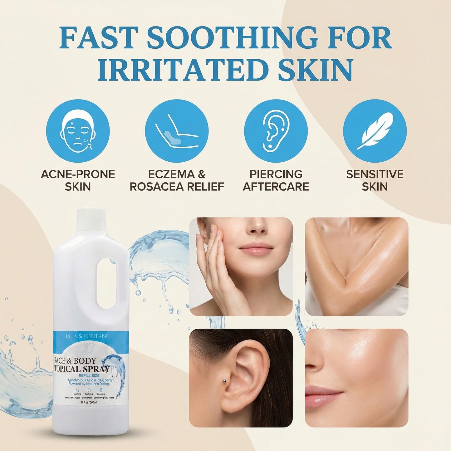 ISLA & FONTANE Hypochlorous Acid Face & Body Spray Refill (HOCl) - Daily Facial Mist & Gentle Skin Cleanser for Sensitive Skin, Acne, Redness & Piercing Aftercare - pH Balanced, 1 L, 33.8 fl oz