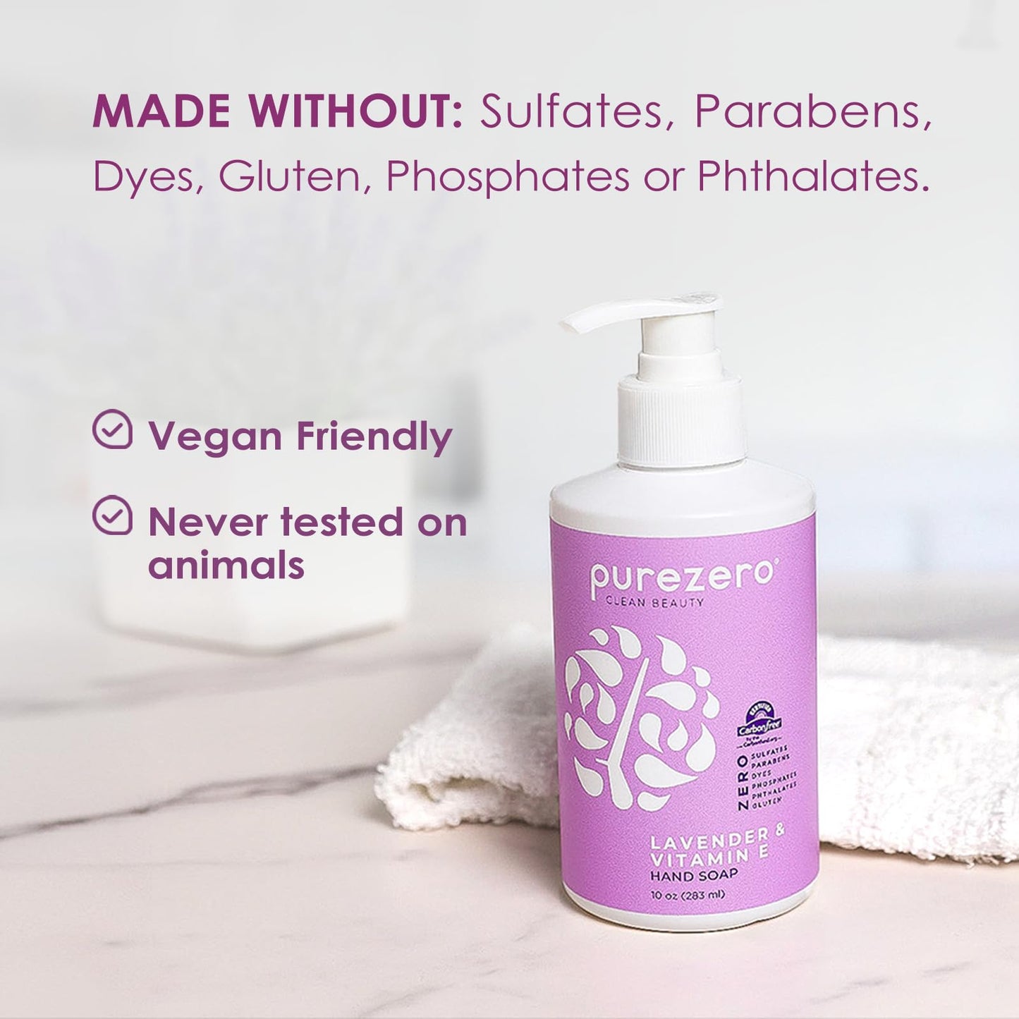 Purezero Lavender & Vitamin E Hand Soap Soothing & Hydrating, Paraben-Free & Vegan Liquid Hand Wash for Bathroom or Kitchen, USA-Made, Cruelty-Free, 10 ounces (1 Pack)