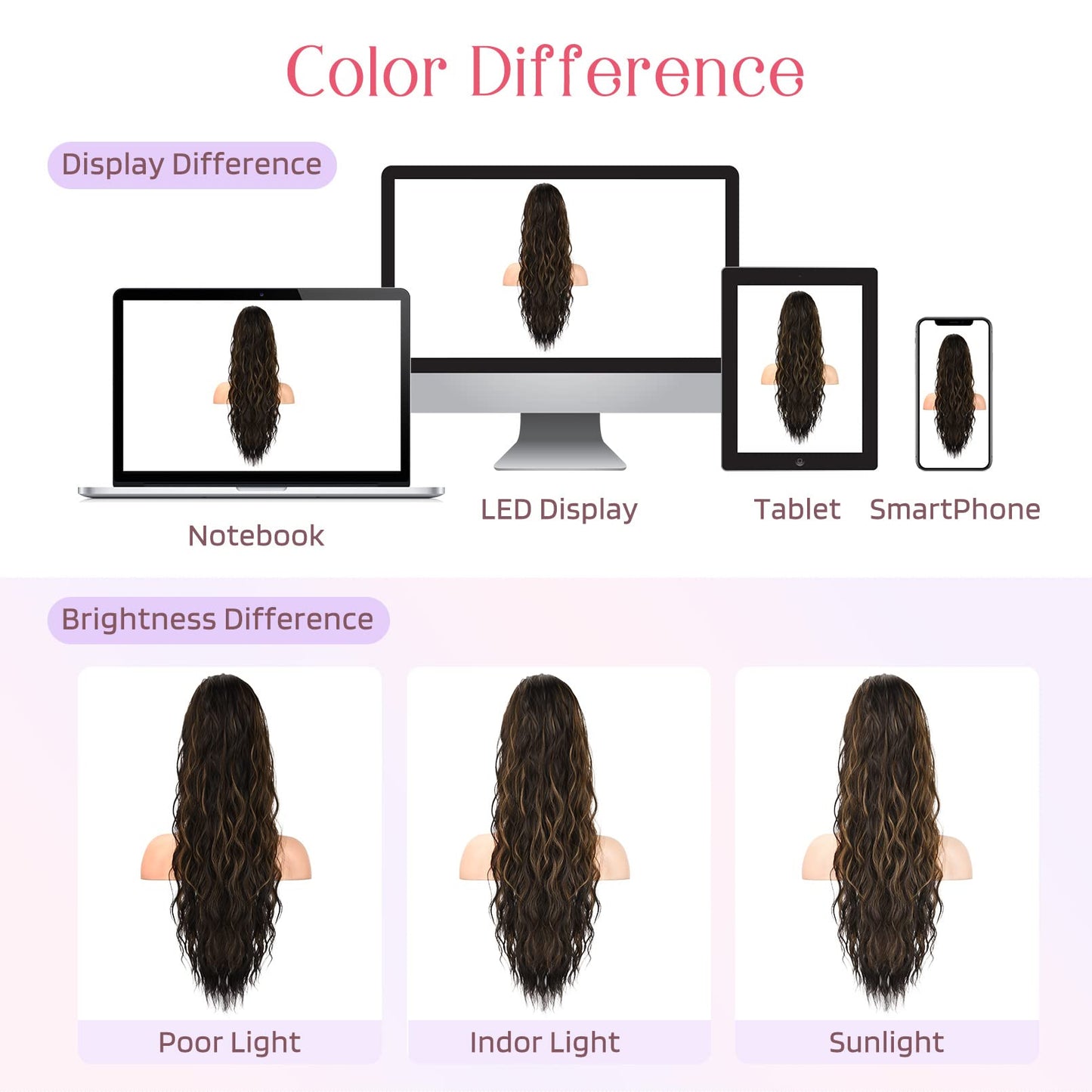 HOOJIH Ponytail Extension, Drawstring Ponytail Hair Extensions 26 Inch Long Curly Wavy Ponytail Natural Wavy Synthetic Hairpiece for Women Daily Use - Black Brown with highlights