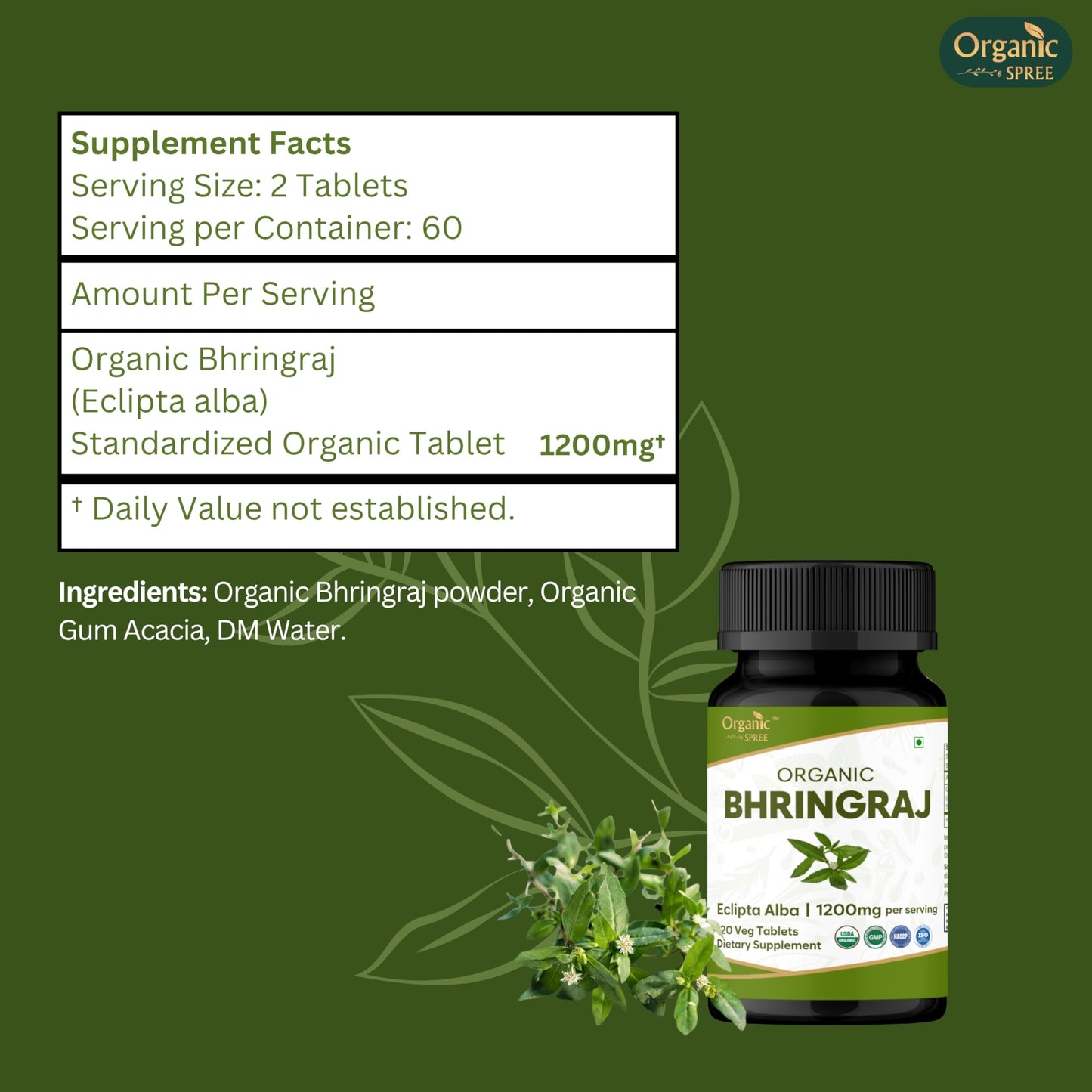 ORGANIC SPREE Bhringraj 120 Tablets - USDA Organic Bhringraj (Eclipta alba) Supplement, Supports Hair Nourishment* - Pack of 3