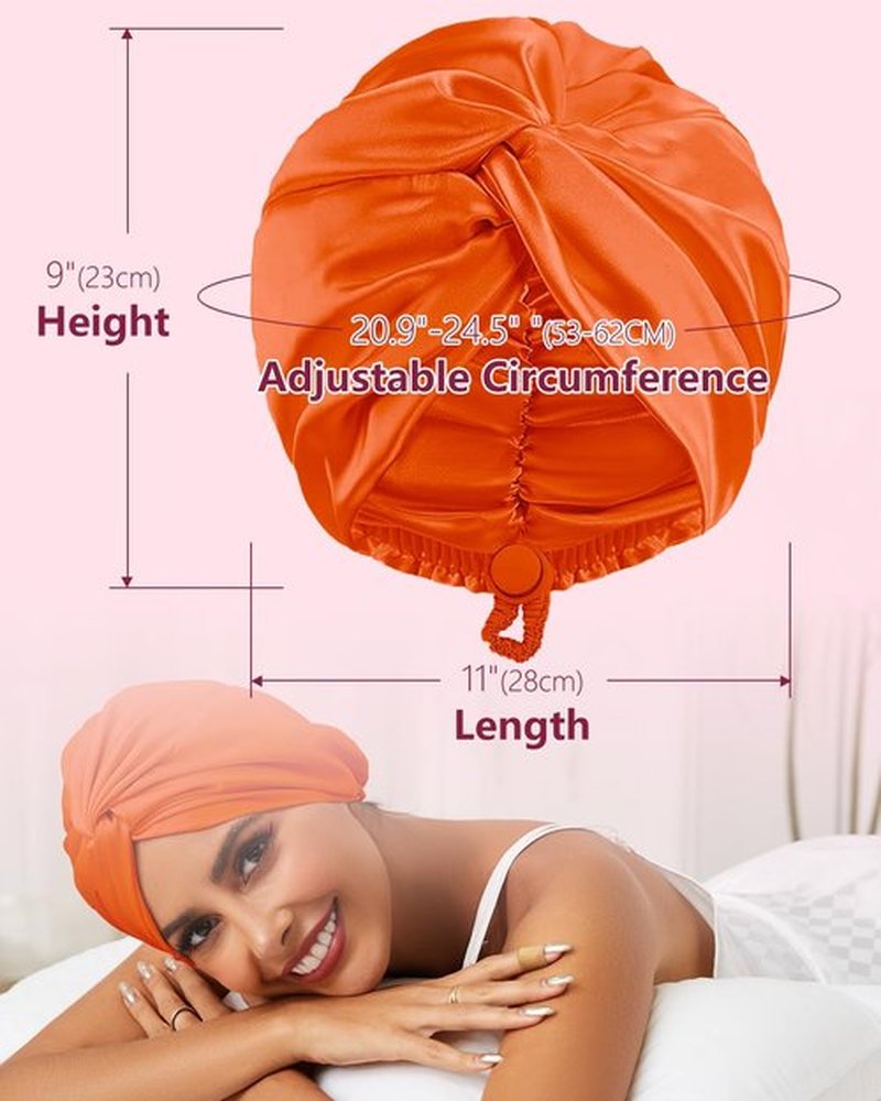 HFRHTGY Adjustable Silk Satin Hair Bonnet for Sleeping, Double Layer Hair Wrap Sleep Cap Turban for Women Men, Curly Straight Hair Long Large Braid Unisex (Tangerine Orange 58)