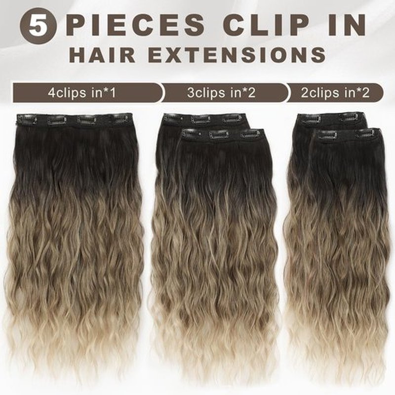 ALXNAN Clip in Hair Extensions, 16" Black to Brown and Light Blonde ombre Thick Long Mermaid Waves Hair Extensions Invisible Lace Weft Soft Hairpieces For Women