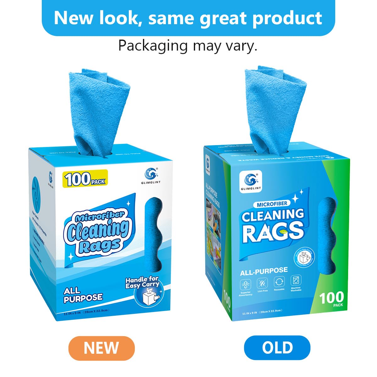 GLIMGLINT Microfiber Cleaning Cloth Box, Shop Towels 100 Pack Washable