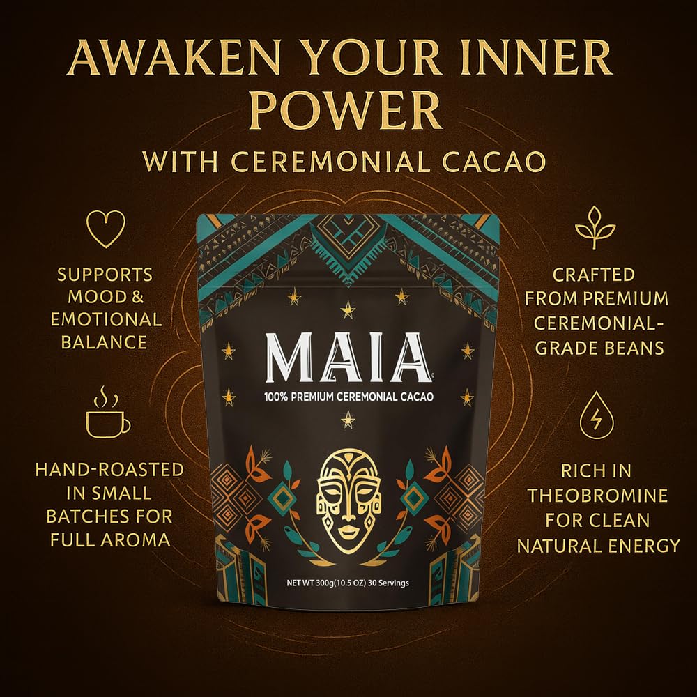 Maia Ceremonial Cacao, with Flavanol, Theobromine, Magnesium and Natural Flavonoids Blend, Improves Mental Clarity and Focus, 100% Organic Cocoa Powder, Unsweetened Cacoa Powder for Natural Energy & Mood Support (1)