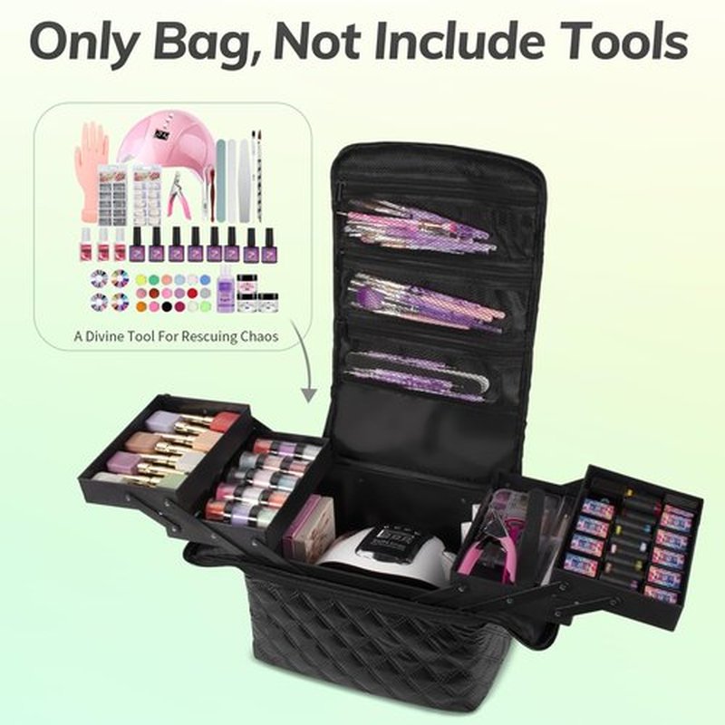 Travel Makeup Bag, 4 Trays Large Cosmetic Bag for Woman with Adjustable Dividers, Makeup Organizer Bag Waterproof, Travel Essentials Cosmetic Bag, Makeup Train Case for Nail Tech Black
