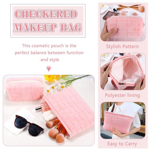 ZLFSRQ 2Pcs Makeup Bag for Women Trendy Large Capacity Cosmetic Bag Plush Pink Checkered Makeup Pouch for Purse Coquette Zippered Bag Organizer Y2K Aesthetic Accessories Makeup Brush Storage Bag