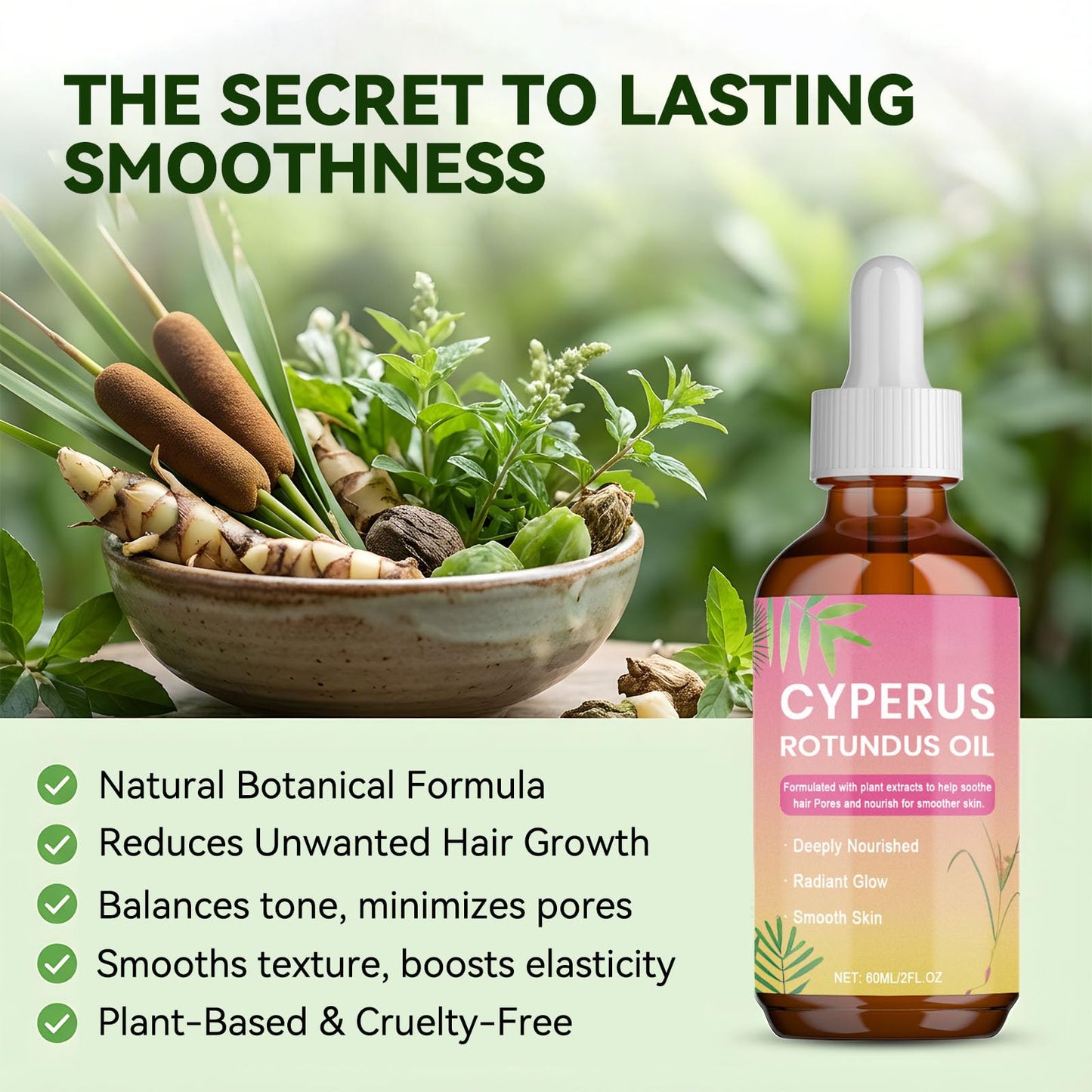 KPEBN Cyperus Rotundus Oil - Natural Hair Growth Inhibitor for Women & Men - Smooth Skin Body Oil After Waxing or Shaving - Safe for Face, Leg, Underarm & Sensitive Skin - 60ml（2 fl oz）