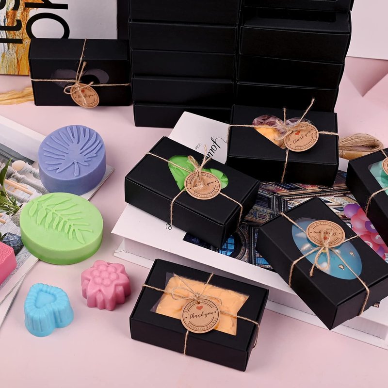 Black Soap Boxes - 32 PCS for Homemade Soap | Rectangular Gift Packaging with Window, 3.54 x 2.36 x 1.18 Inch