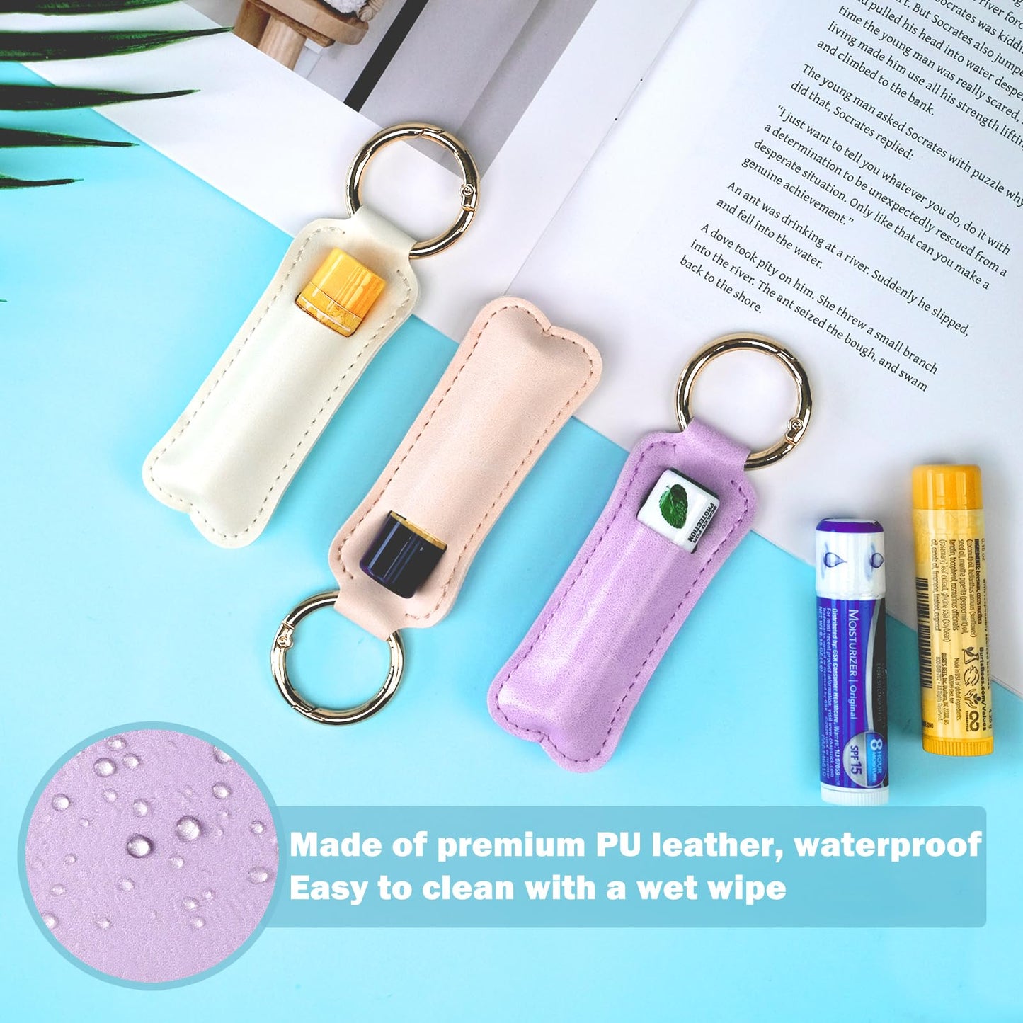 WK IEASON Lip Balm Holder Keychain Clip On PU Leather Lipstick Sleeve Pouch Lip Gloss Holder Lip Balm Sleeve Holder Keychain 3PCS（Matte Black）