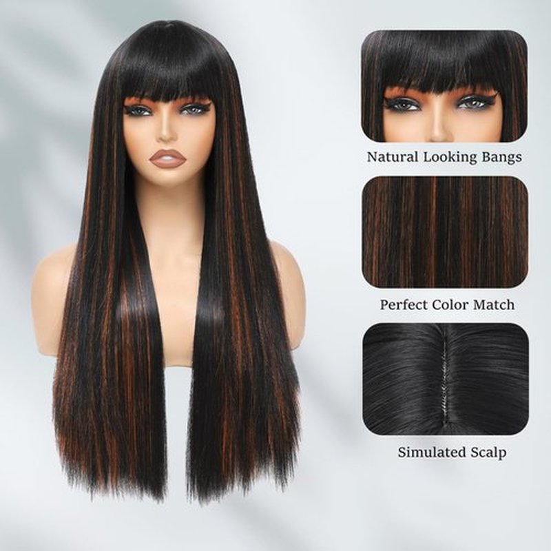 Amarlis Black with Orange Wigs for Women, Long Straight Stripes Color Wigs with Bangs, Natural Looking Soft Synthetic Fiber Wig for Daily Party