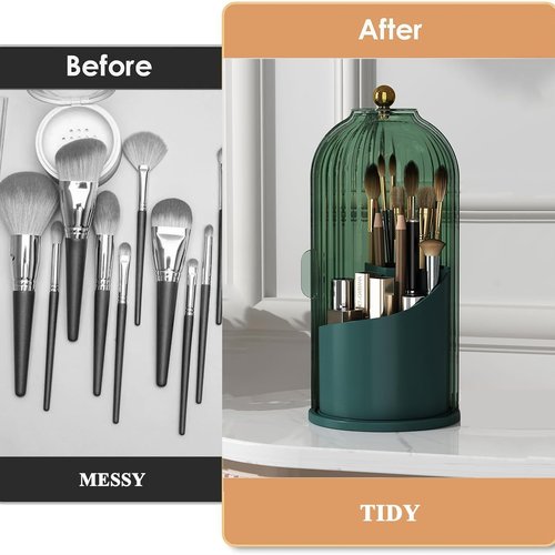 Zufudo Makeup Brush Holder Organizer with Lid 360° Rotating Makeup Organizer Countertop Dustproof Cosmetics Organizer for Vanity Bathroom, All Green