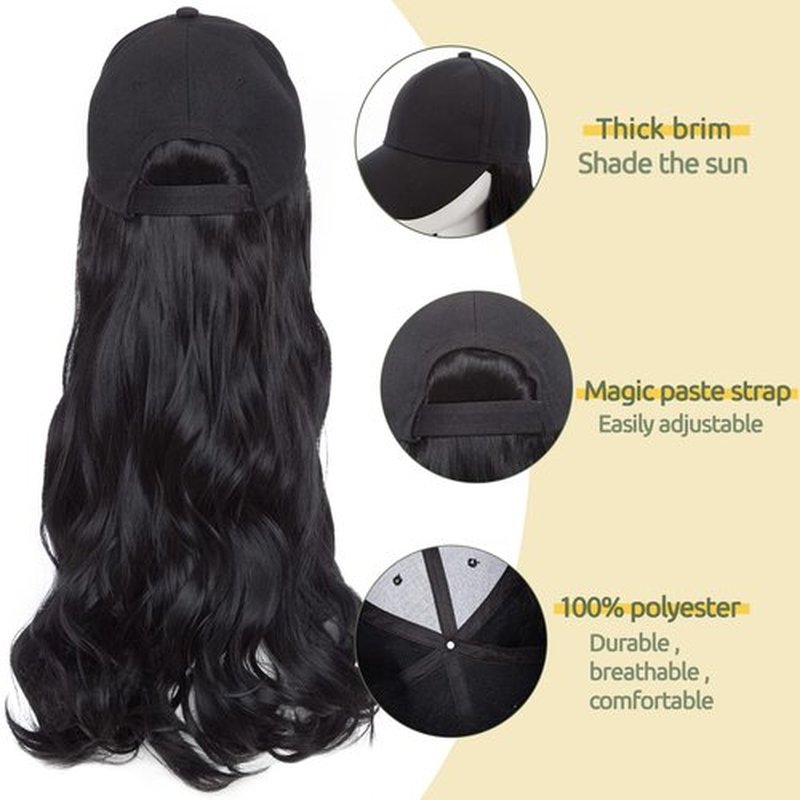 S-noilite 16" Baseball Cap with Hair Baseball Hats with Hair Attached Curly Wavy Cap Wig with Hair Extensions Adjustable Culry Baseball Hat Wig for Women (16" -Curly, Black)