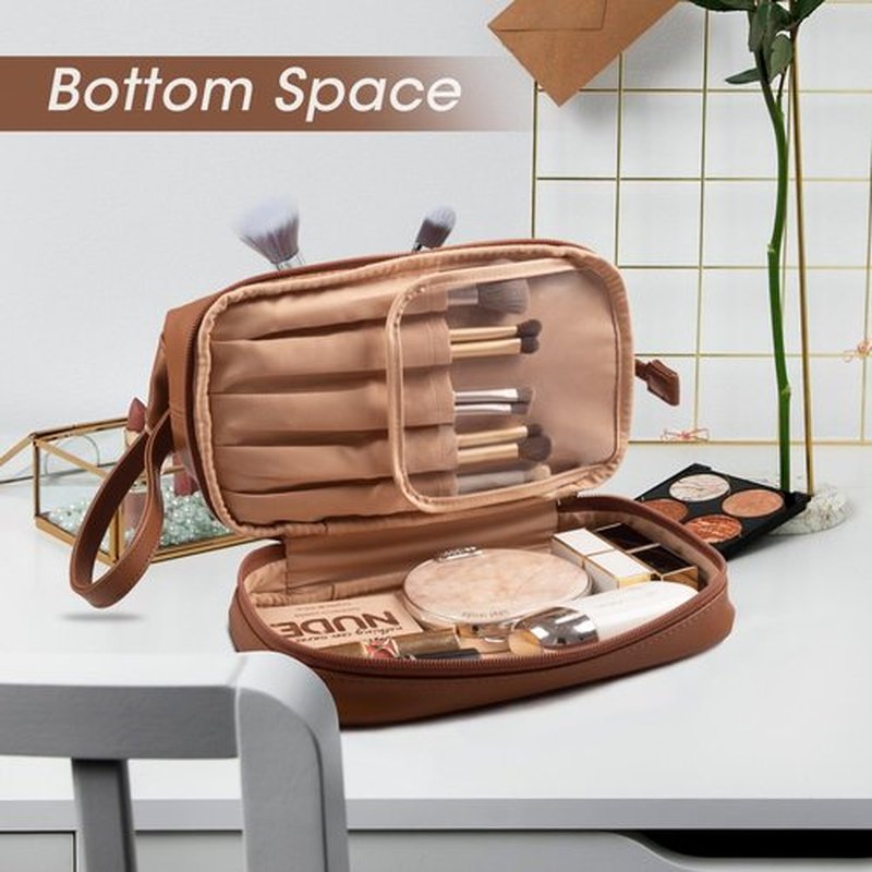 Abiudeng Large Makeup Bag,Waterproof Cosmetic Bag,Make up Travel Bag Essentials,Cute Travel Toiletry Bag for Women Makeup Bag Organizer with Bottom Pouch,Travel Size Toiletries Bag for Women Brown