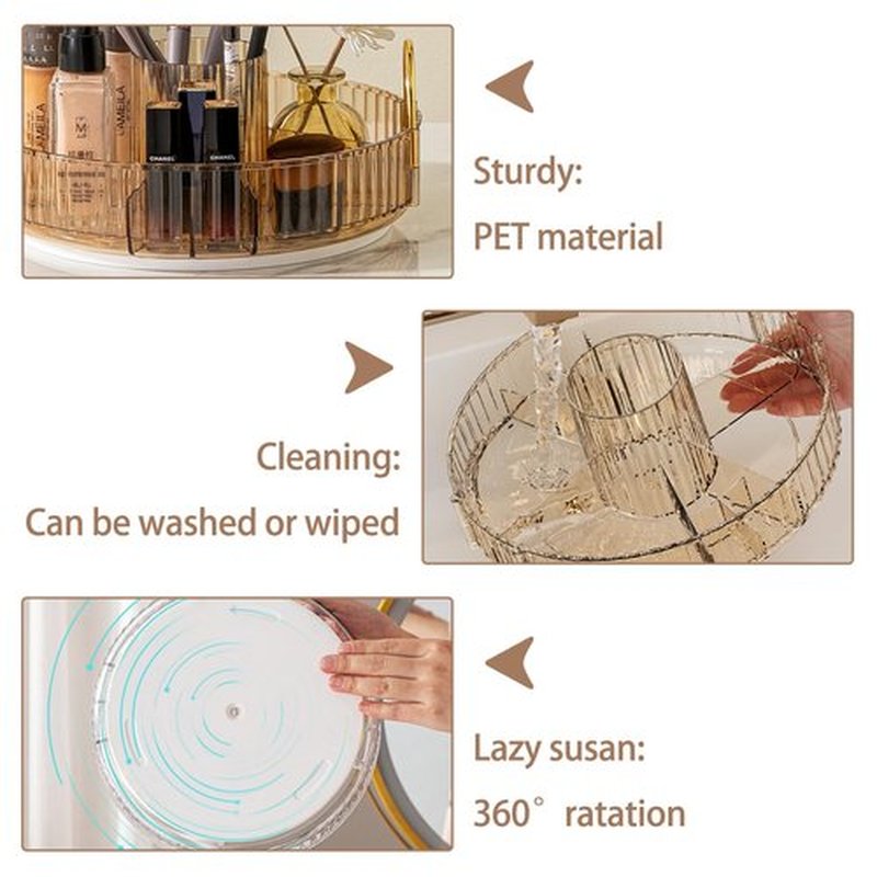 shuang qing 360° Rotating Makeup Organizer, High-Capacity Bathroom Countertop Vanity Organizers, 3 Tier Spinning Skincare Storage, for Perfume/Cosmetic/Makeup Brushes/Lotion（Gold）