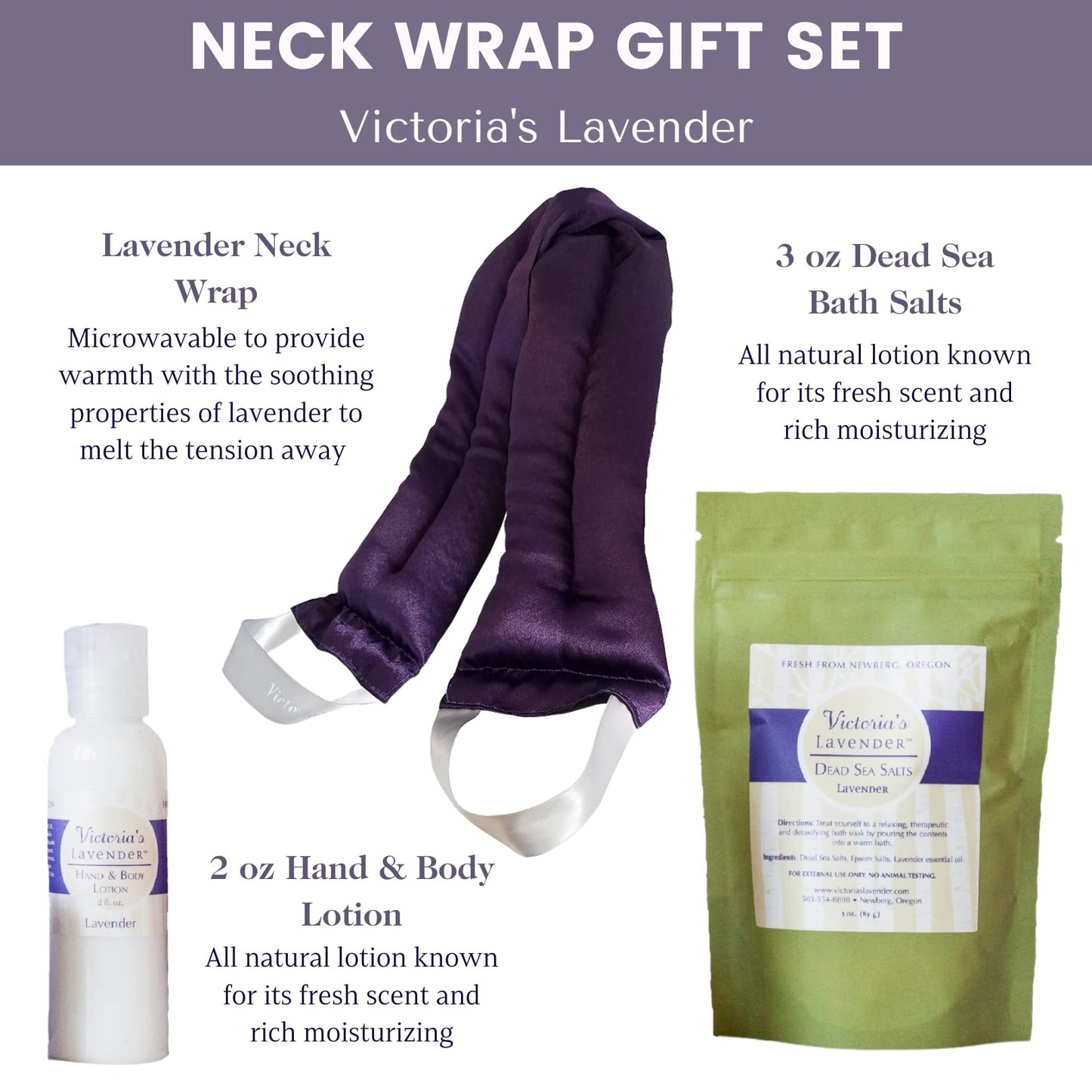 Victoria's Lavender Luxury Lavender Neck Wrap, Dead Sea Bath Salts, and Hand & Body Lotion , Microwavable Neck Heating Pad Filled with Lavender Buds & Flax Seed, Relaxing Spa Gift Basket, Set of 3