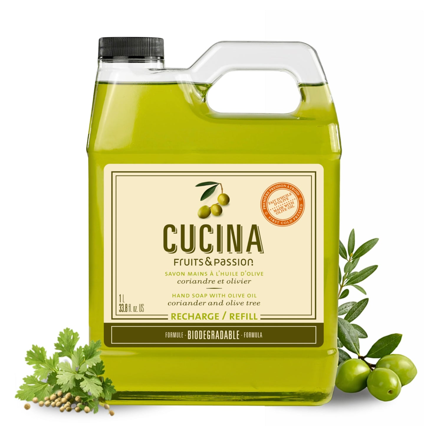 Cucina Fruits & Passion Hand Soap Refill – Coriander & Olive Tree – 1 Liter (33.8 fl oz) – Olive Oil Enriched Kitchen Hand Soap – Biodegradable Formula – Vegan – Made in Canada