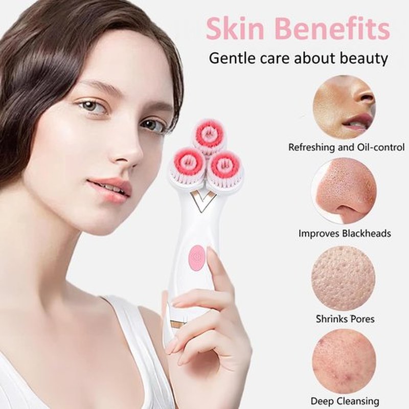 Facial Cleansing Brush, 3 in 1 Face Scrubber Rechargable Waterproof Electric Spin Cleanser with 3 Brush Heads, Electric Face Wash Brush for Exfoliating, Deep Cleansing and Massaging (Pink)