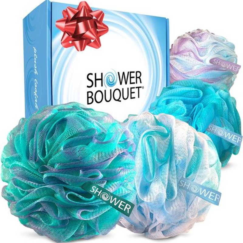 SHOWER BOUQUET Loofah Bath-Sponge Swirl-Set-XL-75g Extra-Large Mesh Pouf (4 Pack Color Swirls) Luffa Loofa Loufa Puff Scrubber - Big Full Lather Cleanse, Exfoliate with Beauty Bathing Accessories