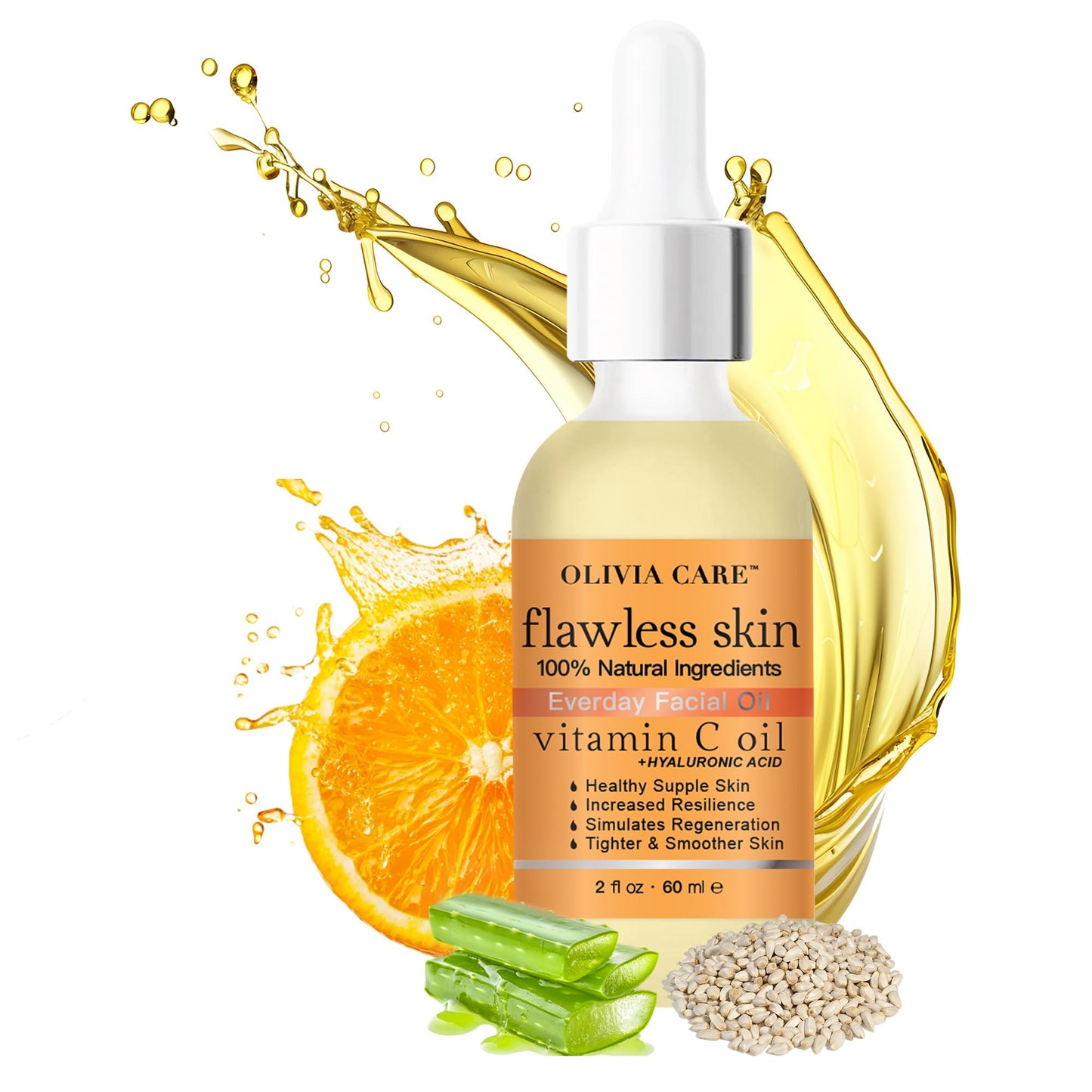Olivia Care Vitamin C + Hyaluronic Acid Flawless Essential Facial Oil 100% Natural, Reviving, Hydrating, Calming & Soothing, Stabilize & Retain Moisture, 2 fl oz