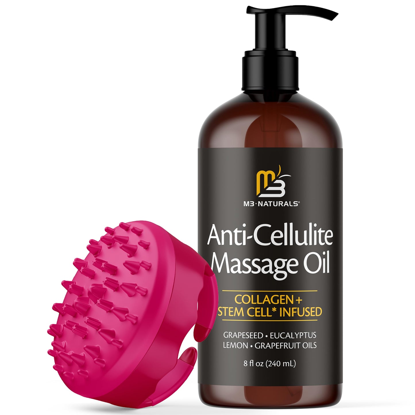 Anti Cellulite Massage Oil and Silicone Body Brush – Collagen and Stem Cell Skin Tightening Formula for Smoothing and Firming, 8 fl oz by M3