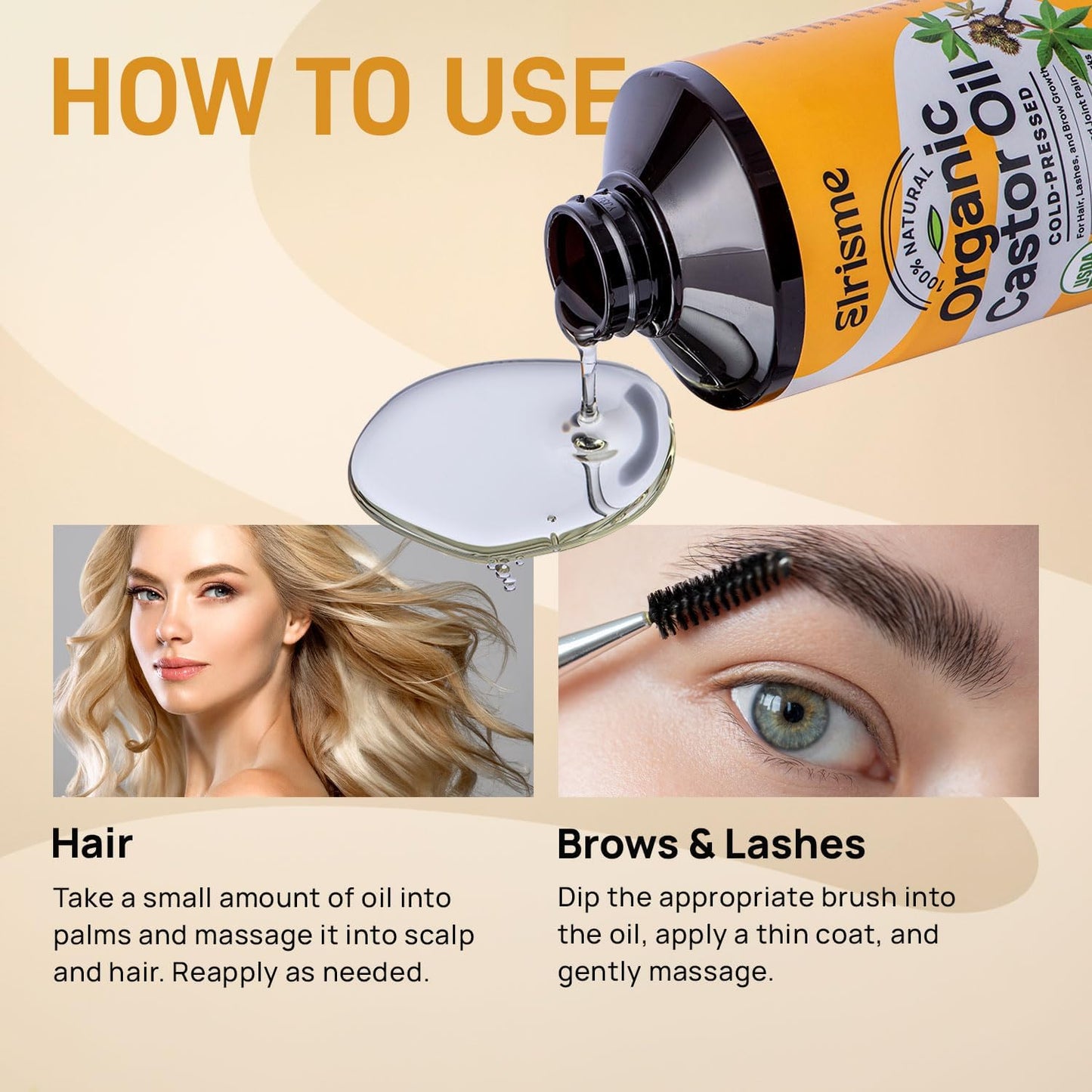Cold Pressed Organic Castor Oil, Organic Black Castor Oil Hair Growth Serum for Eyelashes and Eyebrows, USDA 100% Pure Organic Castor Oil Non-Glass Bottle, Hexane-Free - 16 Oz