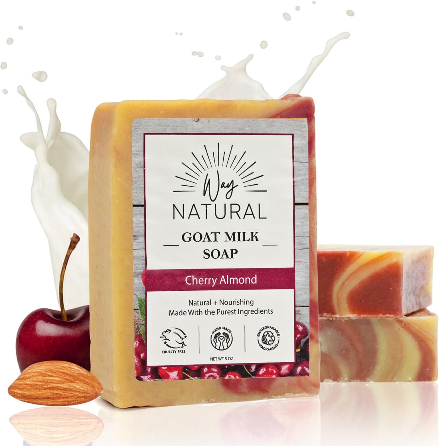 Way Natural Goat Milk Soap Bar, Cherry Almond (3 Pack) - Premium, Handmade w/Real Milk in USA - Hand & Body Goat Soap - Dry Skin, Gentle, No Dyes - (Large, 5oz)
