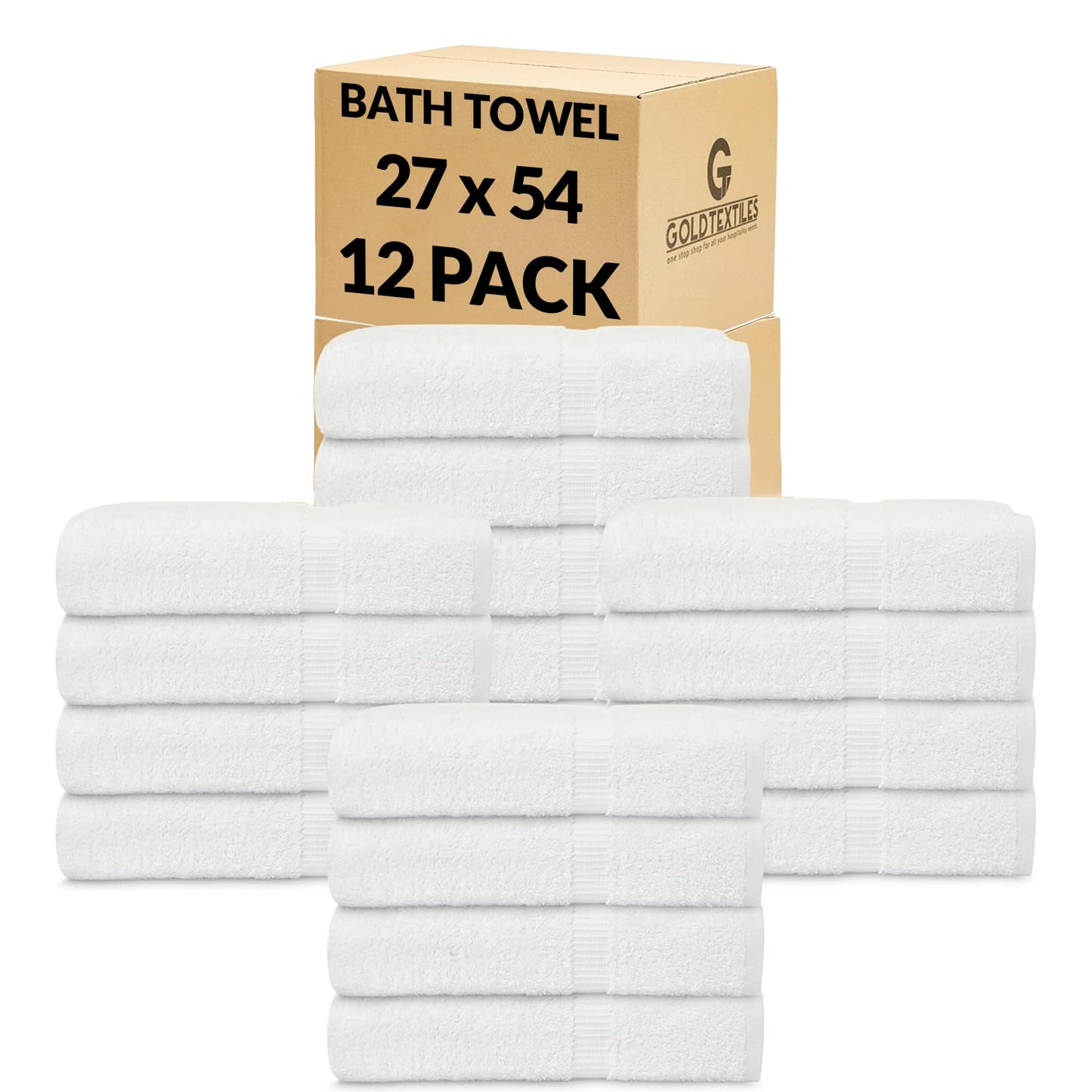 GOLD TEXTILES Premium Bath Towel Set (Pack of 12,27 x 54) 100% Ring-Spun Cotton Towels for Hotel, Spa, Soft and Absorbent (27 x 54, White - 12 Pcs)