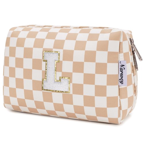 Narwey Personalized Initial Makeup Bag Toiletry Bag Gifts for Women Girls Large Checkered Makeup Bag Zipper Pouch Travel Cosmetic Bag Organizer for Women (Light Checkerboard Letter L)