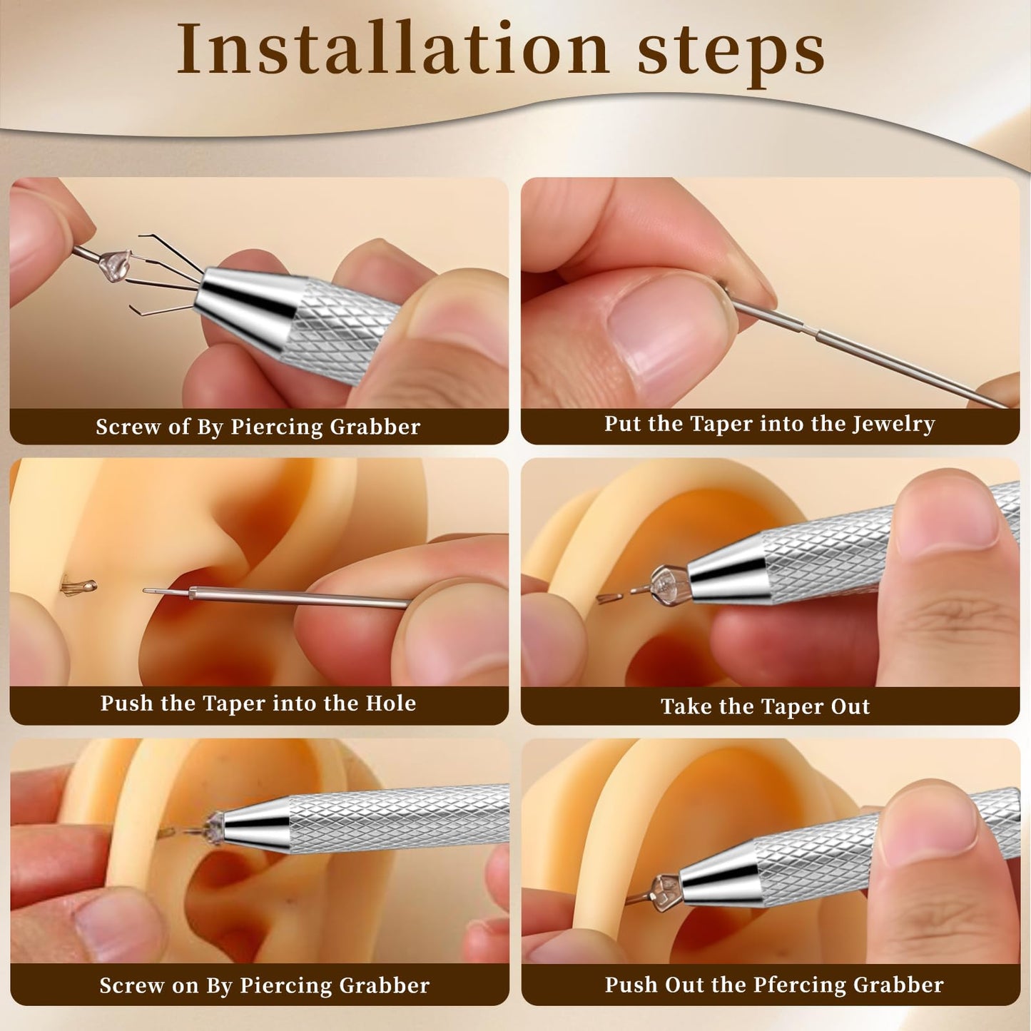 Piercing Taper Ball Grabber Tool for Changing Jewelry - 14G 16G 18G 20G Stainless Steel Flat Back Earring Applicator Tool Piercing Kit for Ear/Nose/Eyebrow/Tongue/Navel/Nipple/Lip (Set Thread + Threadless (14G 16G 18G) + Ball Grabber Tool)