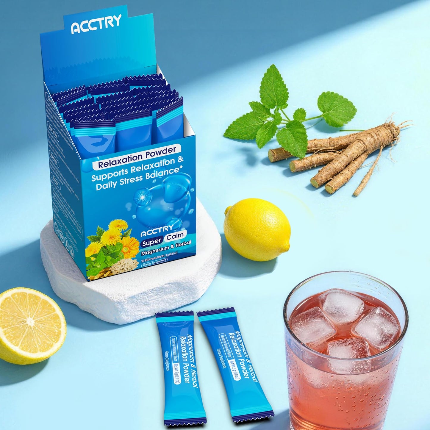Acctry Super Calm,Cortisol Reducer,Magnesium Complex(Glycinate, Malate & Taurate) for Women and Men,Ashwagandha Root Extract,Lemon Balm, Vitamin D3 & Zinc,No Sugar,30 Servings,Raspberry Lemonade