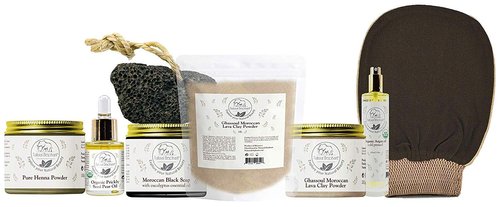 Natural Elephant Moroccan Black Soap 200g (7oz) and 2 Pack Exfoliating Hammam Glove Combo (Brown and Orange)