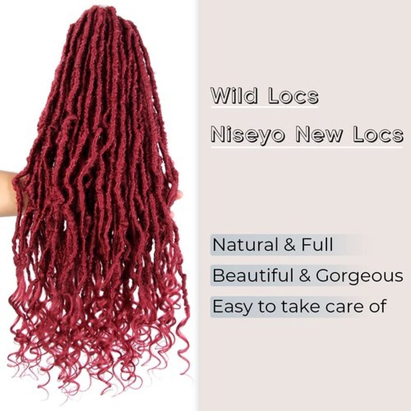 Niseyo Wild Locs 18 Inch Distressed New Faux Locs with Curly Ends 8 Packs Long Soft Pre-looped Goddess Locs Crochet Hair (118#, Burgundy)
