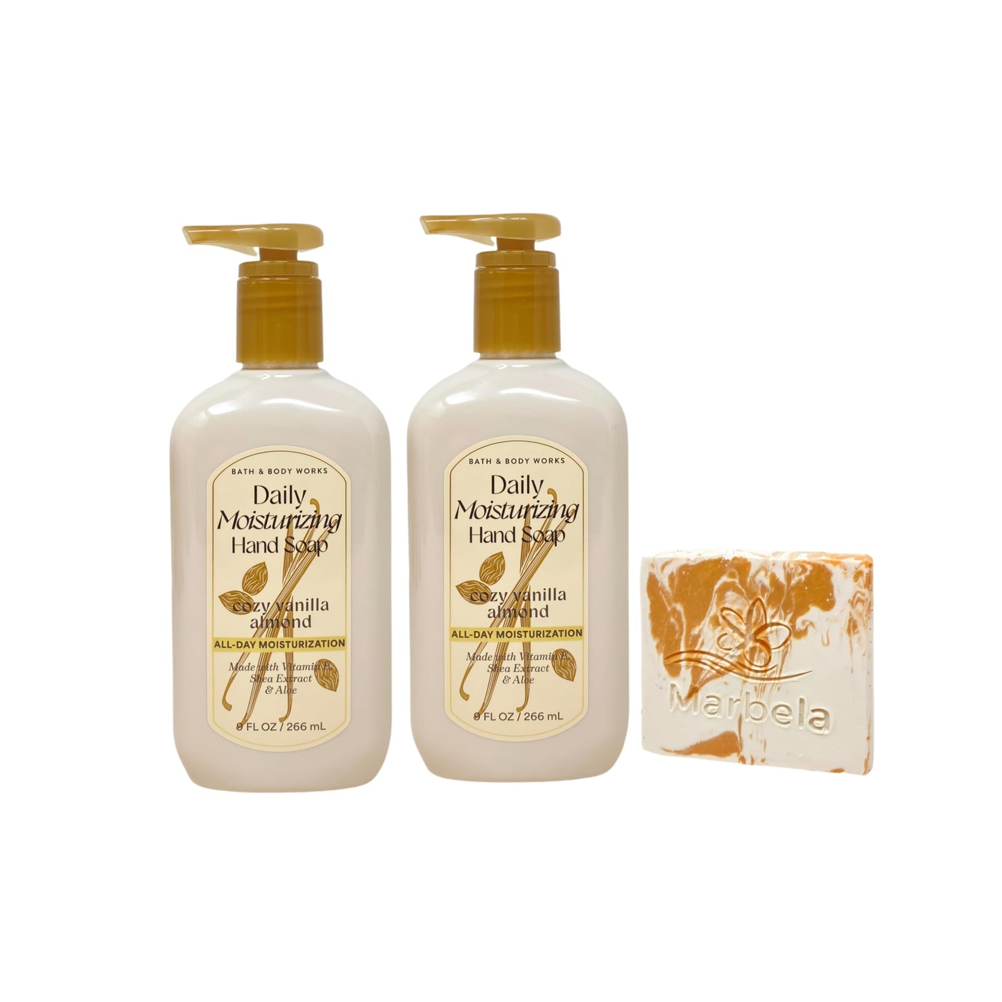 Bath & Body Works Cozy Vanilla Almond 2 Daily Moisturizing Hand Soaps with a Peach Gardenia Sample Soap