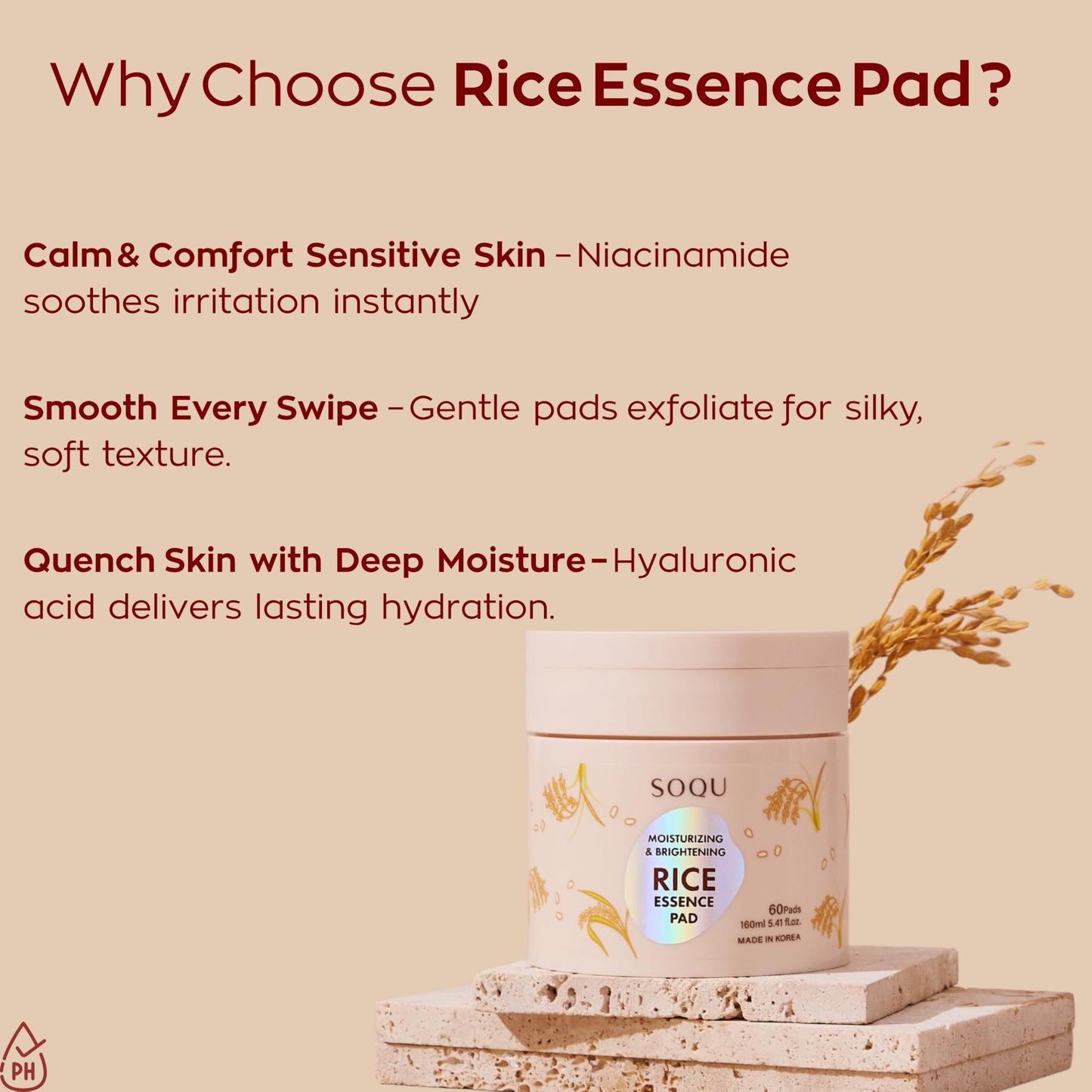 SOQU Rice Essence Pad – Moisturizing & Brightening Facial Pads with Rice Extract, Hyaluronic Acid & Niacinamide – 60 Pads (160ml, Made in Korea)