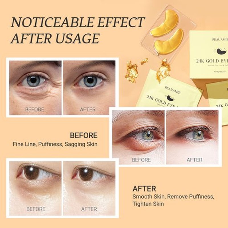 PEAUAMIE Under Eye Patchs (30 Pairs) 24k Gold Eye Mask and Hyaluronic Acid Eye Patch and Rose Eye Masks for Dark Circles and Puffiness Wrinkle Eye Bags (24k Gold)