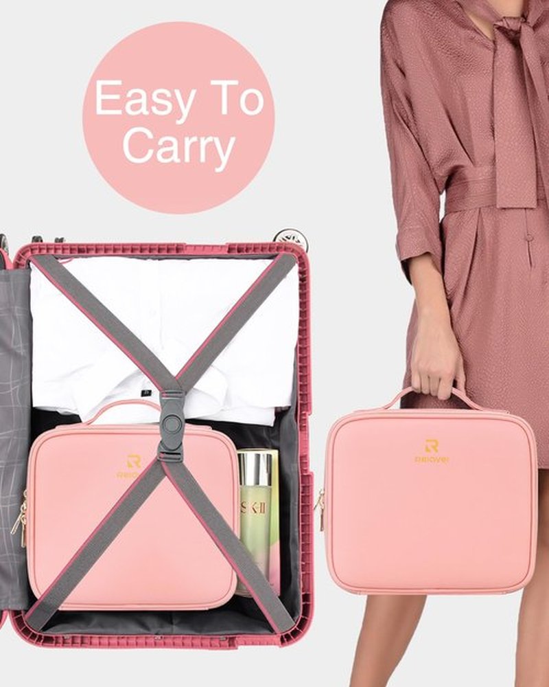 Relavel Travel Makeup Train Case Makeup Cosmetic Case Organizer Portable Artist Storage Bag with Adjustable Dividers for Cosmetics Makeup Brushes Toiletry Jewelry Digital (Pink with plastic dividers)